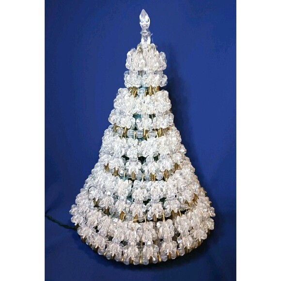 Vtg Hand Made Clear Crystal Beaded Safety Pin 11" Christmas Tree Lighted w/ Star - Picture 2 of 9